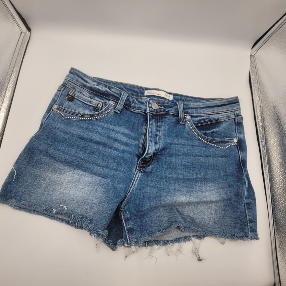 KanCan Maurices Women Blue Rhinestone Frayed Raw Hem Denim Cutoff Shorts Size 30